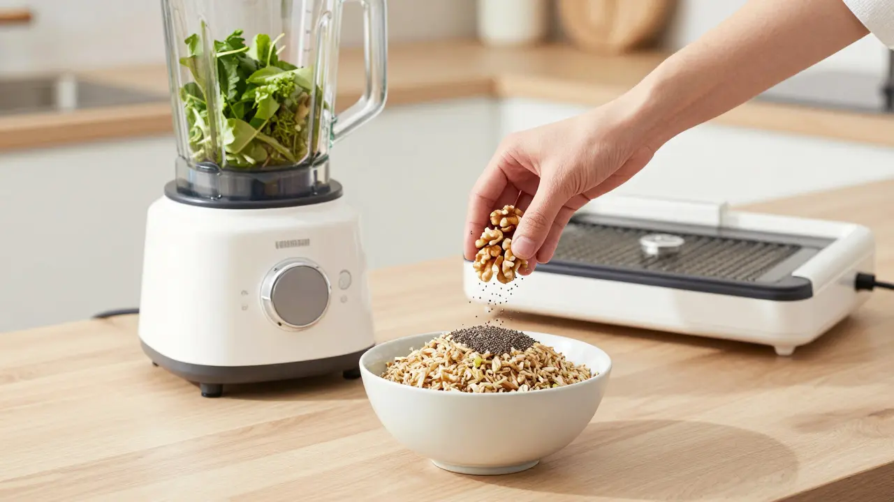 Příprava syrového jídla v moderní kuchyni s použitím mixéru a dehydrátoru.