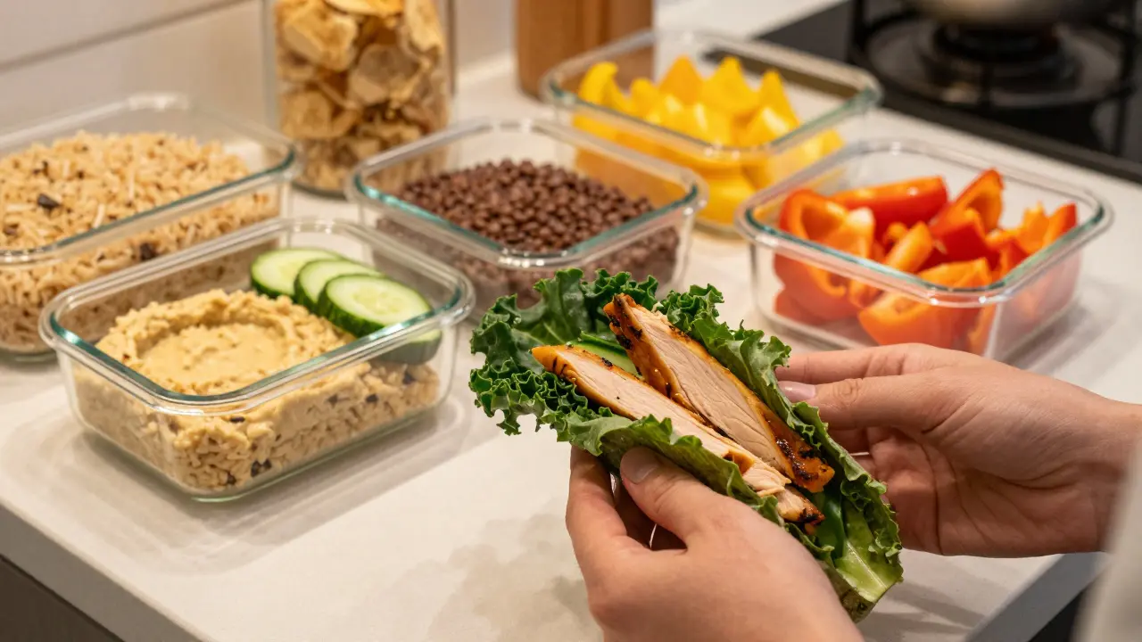 Příprava zdravého wrapu v listu kapusty s hummusem a zeleninou.