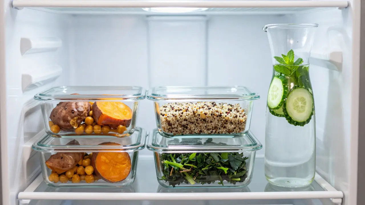 Připravené zdravé jídlo v skleněných nádobách v lednici vedle infuzované vody.