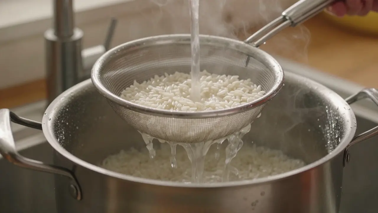 Proplachování rýže v sítu pod proudem vody a hrnec s poklicí.