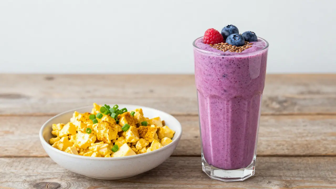 Růžový malinový smoothie a žlutá mražená tofu s jarní cibulkou na dřevěném stole.