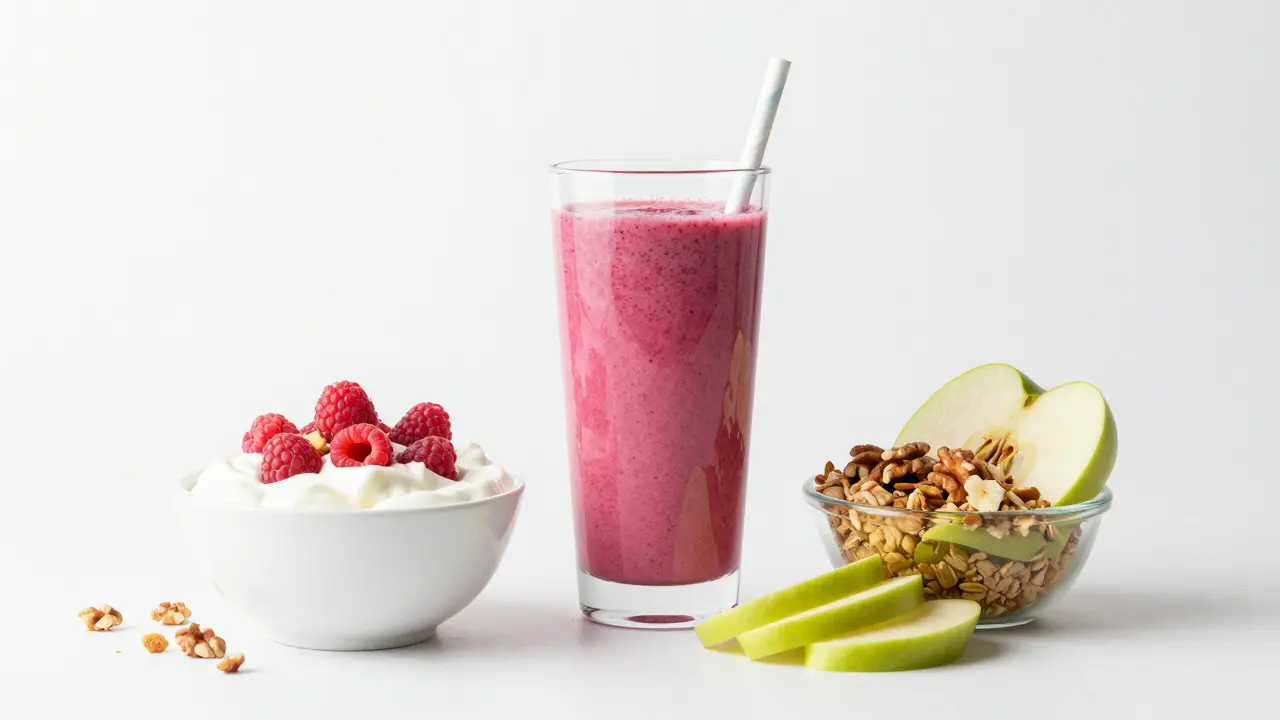 Sestava zdravého rychlého jídla: malinové smoothie, řecký jogurt s ořechy a granola.