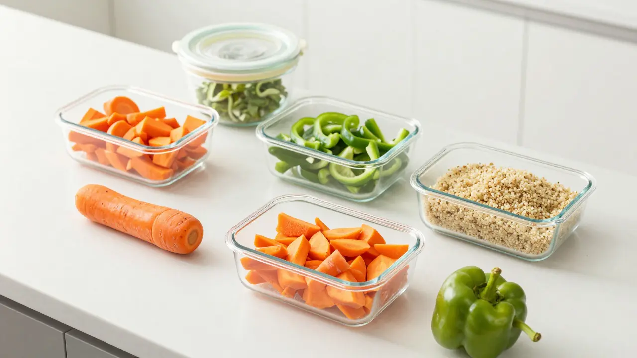 Skládací krabičky s nakrájenou zeleninou a quinuou.