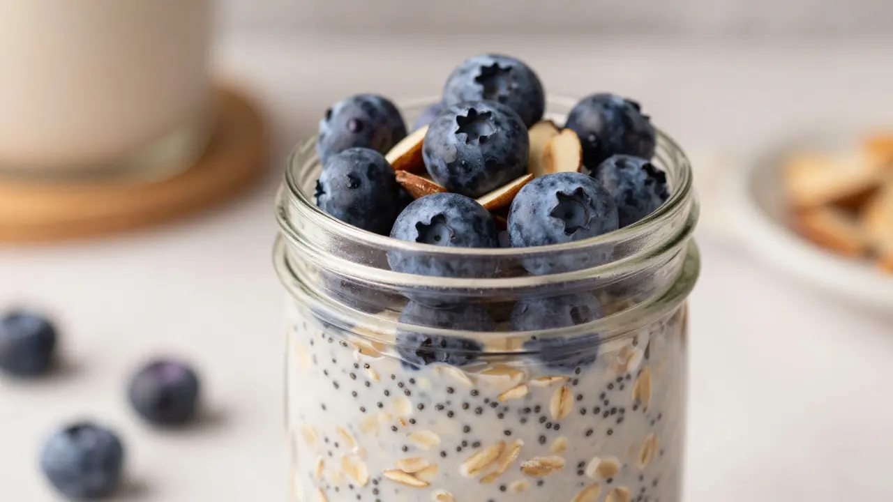 Sklenice Overnight Oats s chia semínky, borůvkami a mandlemi v detailu.