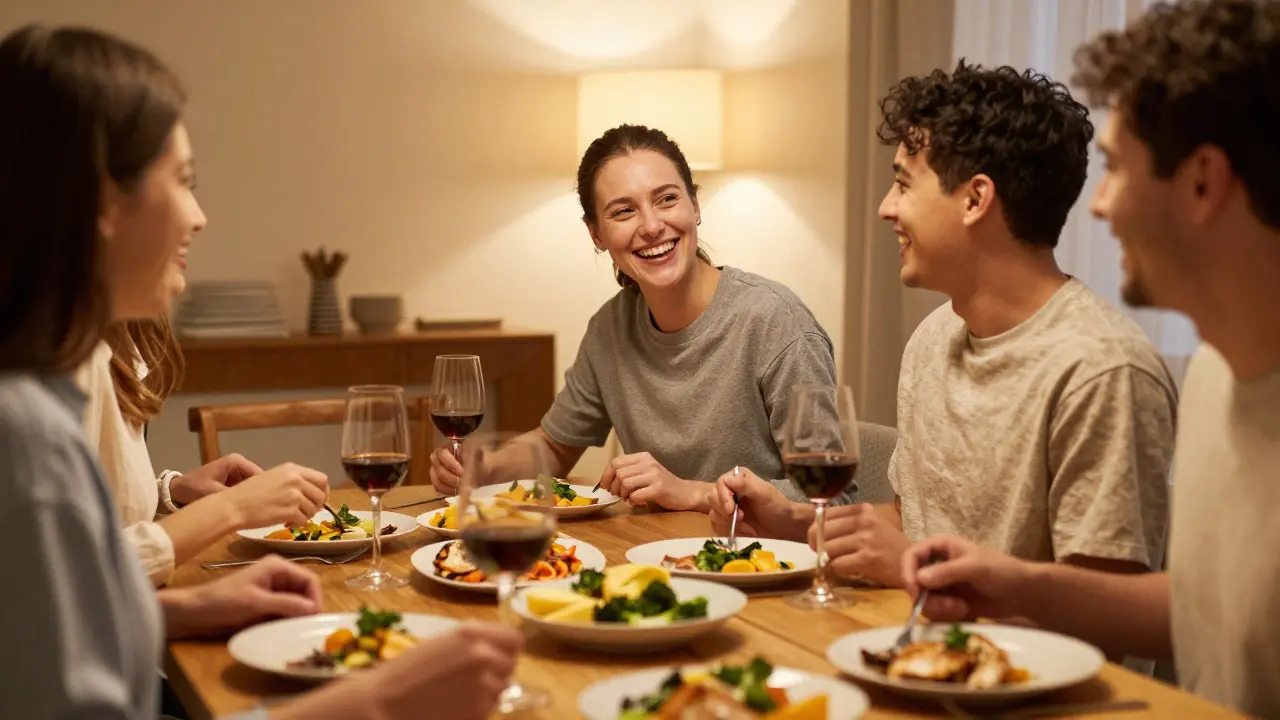 Skupina přátel společně jí v útulné a pozitivní atmosféře.