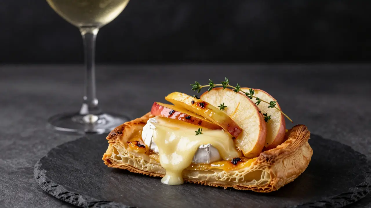 Slaný koláč z listového těsta s Camembertem a plátky jablek s tymiánem.