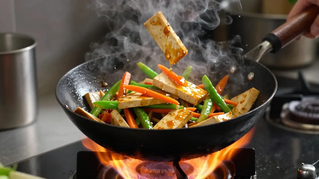 Smažení tofu se zeleninou v woku s kohoutajícím plamenem.