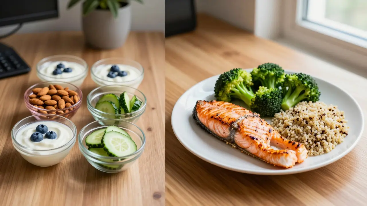 Srovnání malých častých svačinek a jednoho velkého vyváženého jídla na stole.