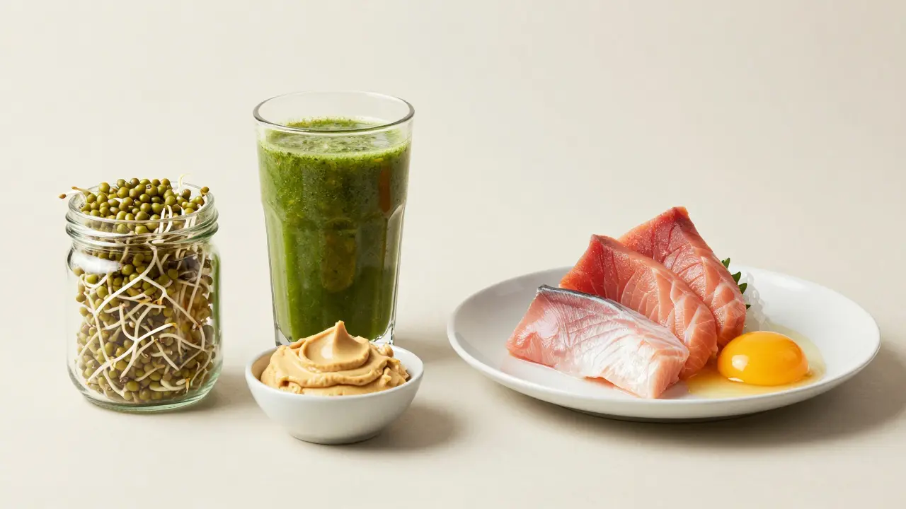 Srovnání RAW veganských potravin a syrových ryb a vajec na neutrálním pozadí.