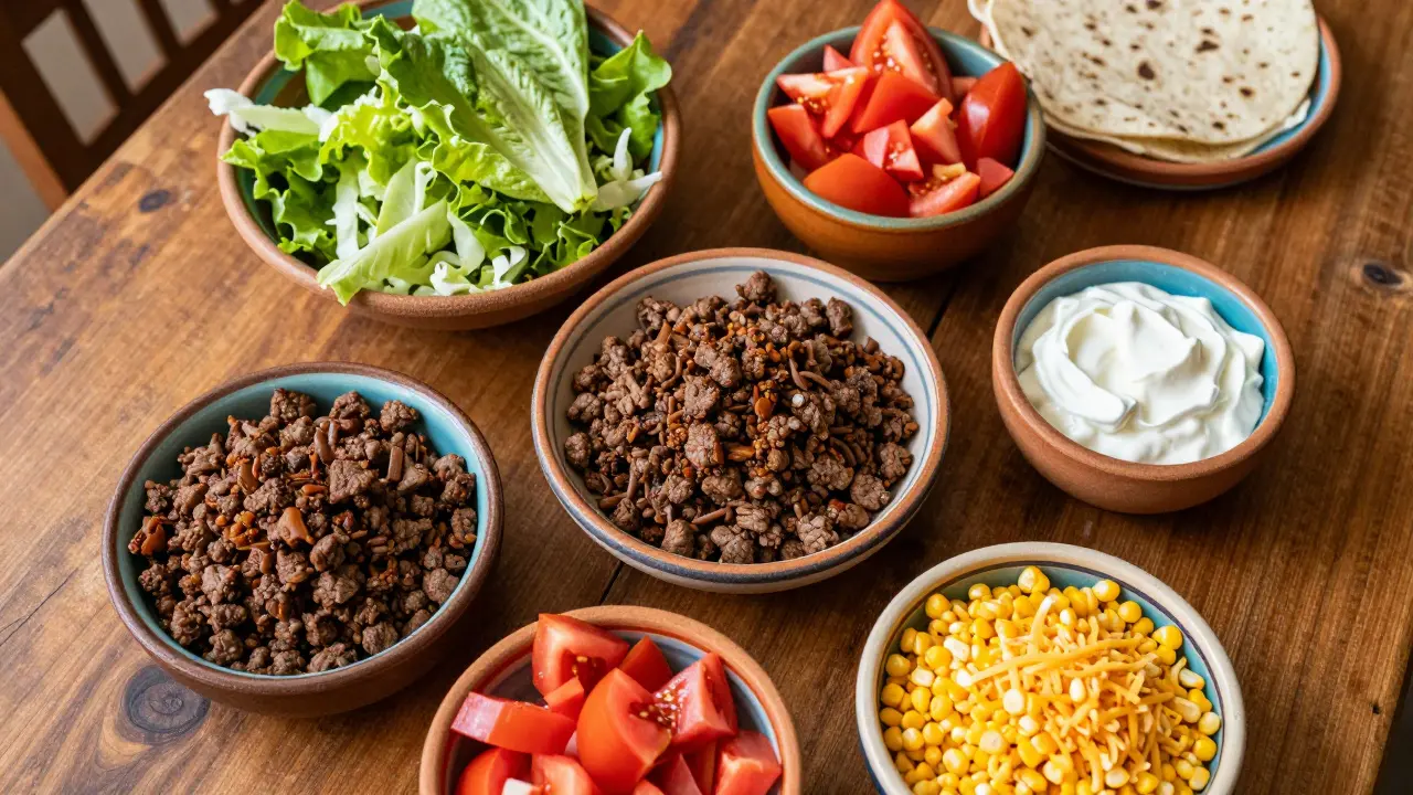 Stůl s ingrediencemi pro domácí tacos v miskách.