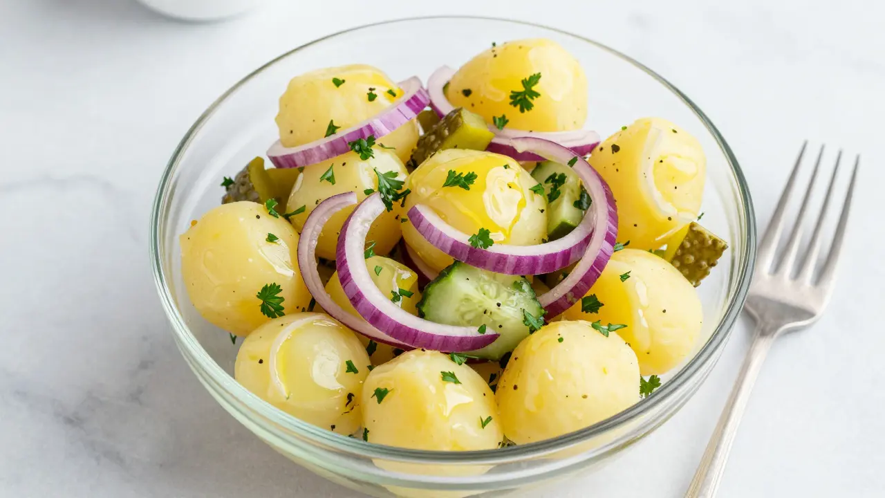 Svěží bramborový salát s červenou cibulí, okurkami a petrželkou v glass bowl.