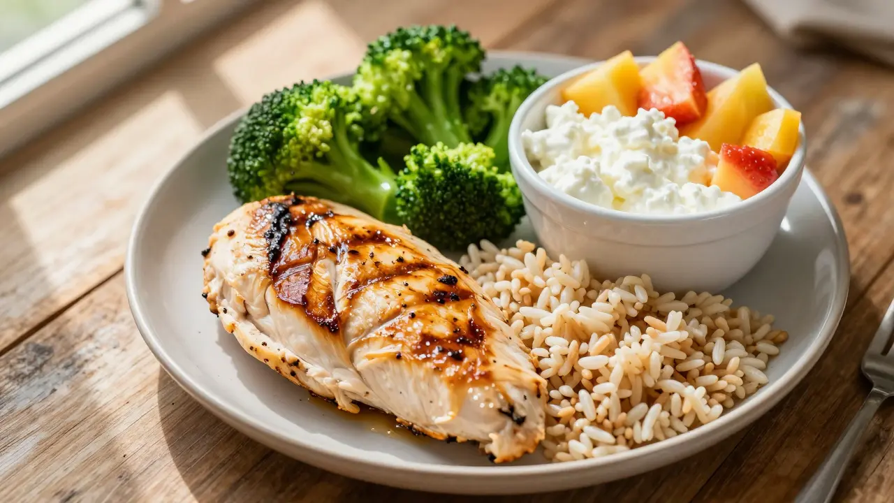 Talíř s grilovaným masem, ovocem a zeleninou pro budování svalů.