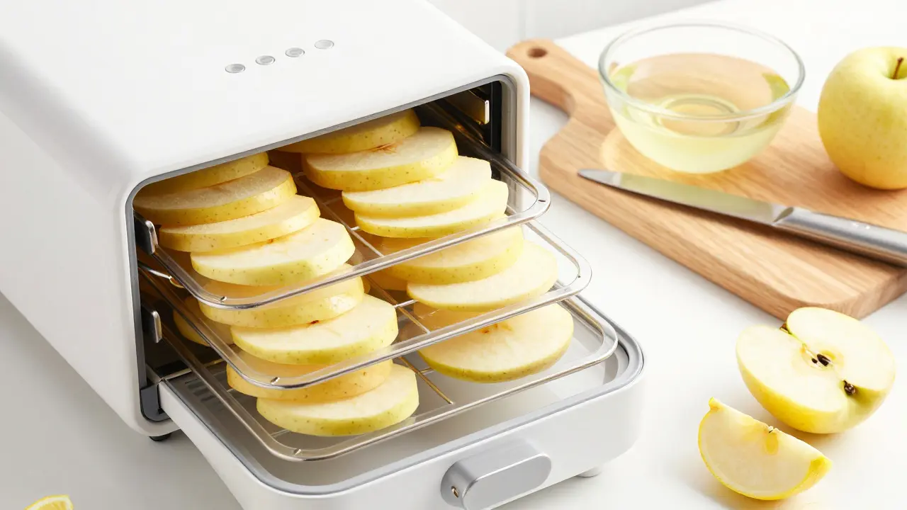 Tenké plátky jablek v moderní sušičce na ovoce.