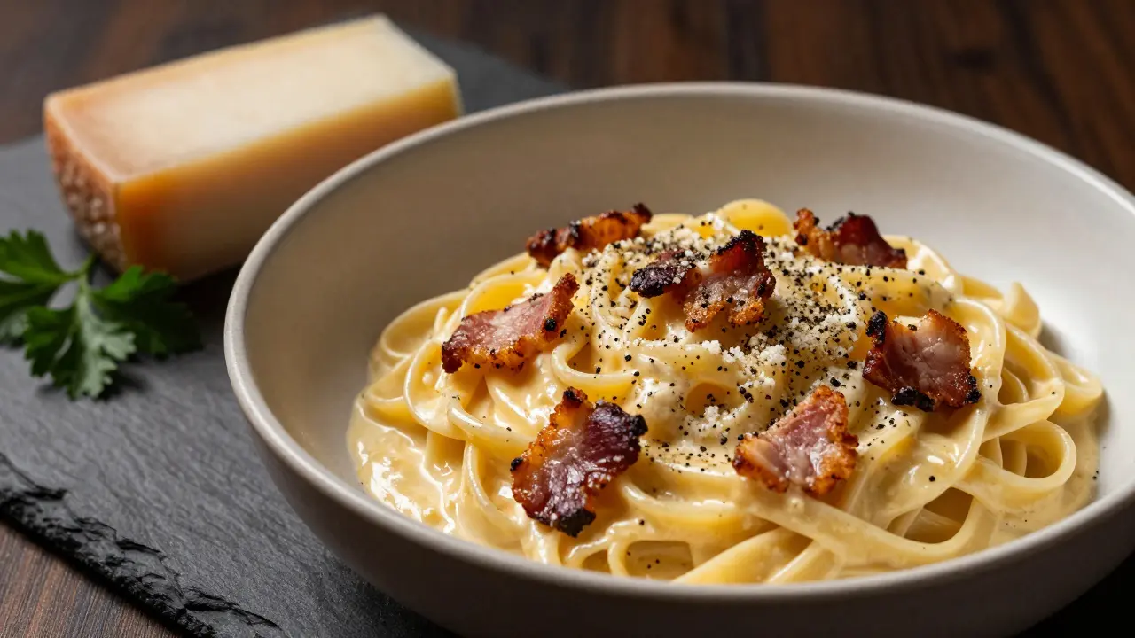 Těstoviny carbonara s pecorino a guanciale v keramické misce.