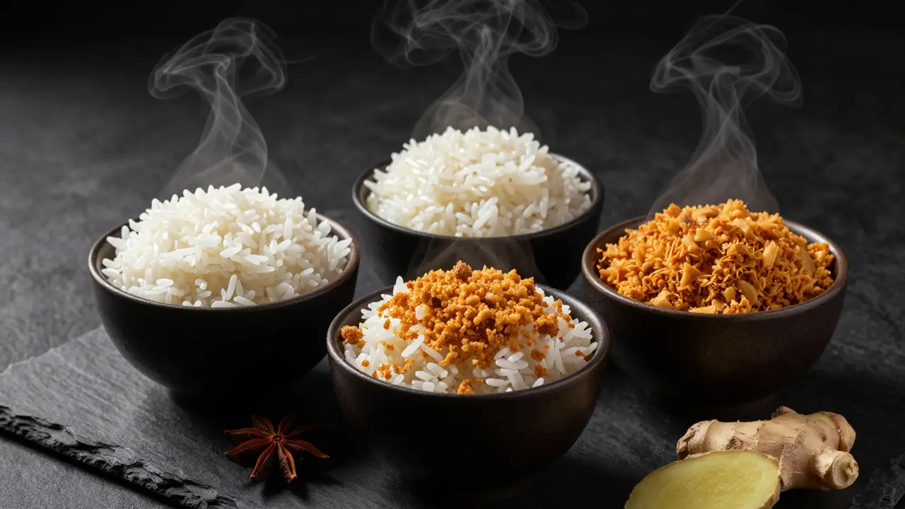 Tři misky s dokonale uvařenou rýží různých typů s nápravou páry.