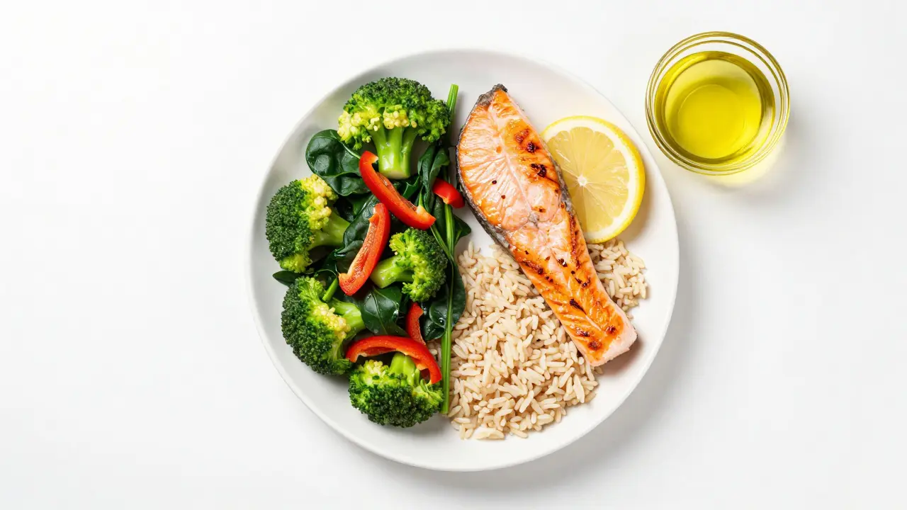 Vidualizace zdravého talíře s rozdělením na zeleninu, bílkoviny a komplexní sacharidy.