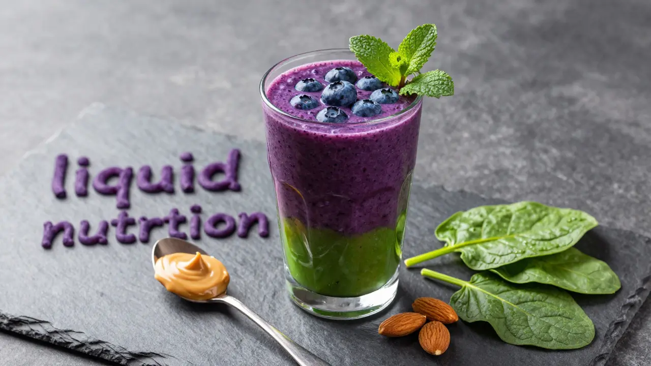 Výživný barevný smoothie s ořechy a čerstvými ingrediencemi.