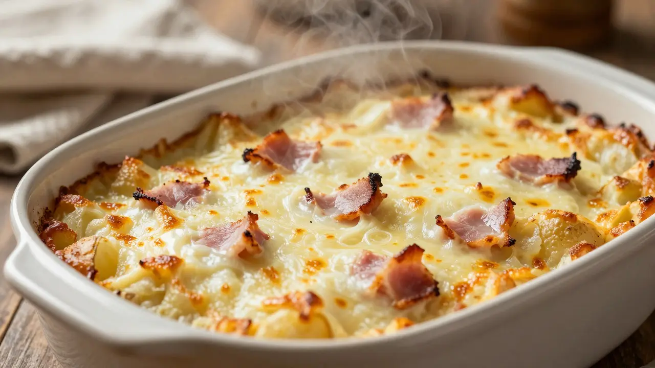 Zapékaný bramborový gratin s rozpuštěným sýrem a šunkou v pekáčku.