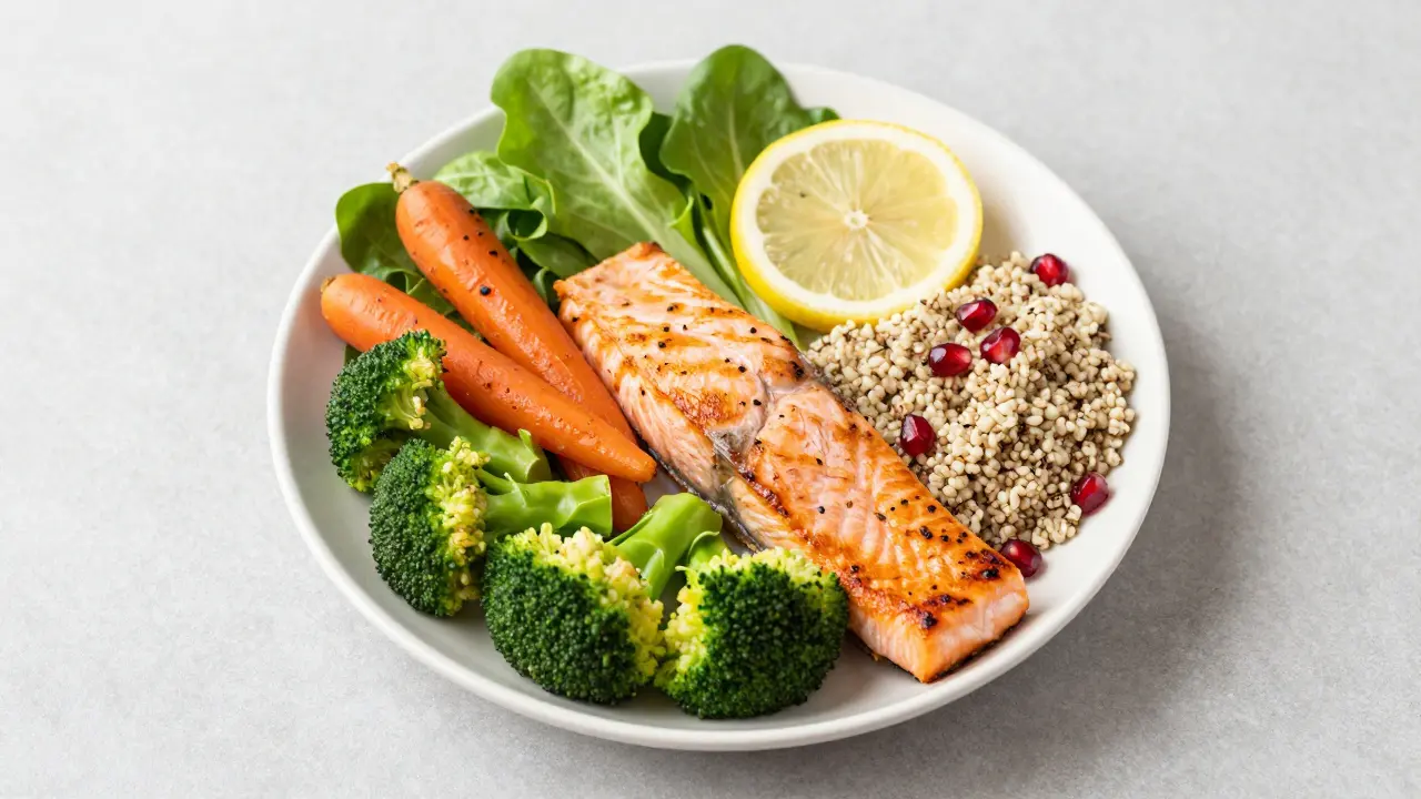 Zdravý talíř s rozdělením na zeleninu, kvalitní bílkoviny a komplexní sacharidy.