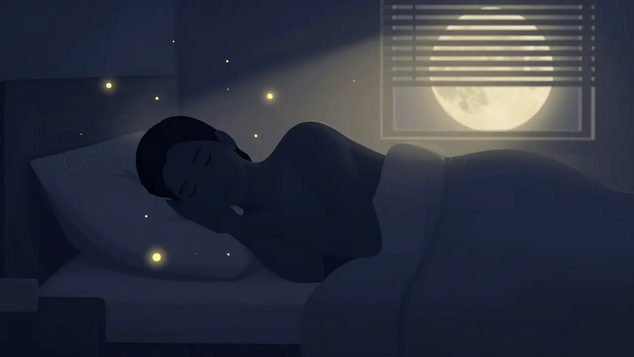 Abstraktní ilustrace spánku a regenerace svalů s zlatými částicemi