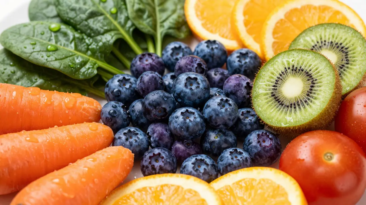 Barevné ovoce a zelenina představující různé vitamíny a minerály