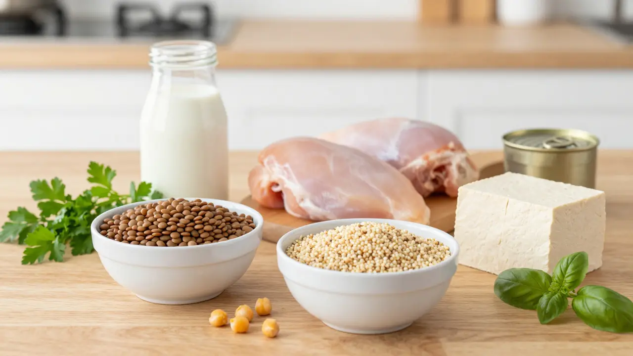 Různé zdroje bílkovin: luštěniny, tofu, kuřecí maso a ryby