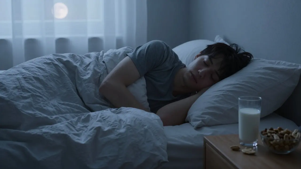 Člověk spí v klidné ložnici s mlékem u postele