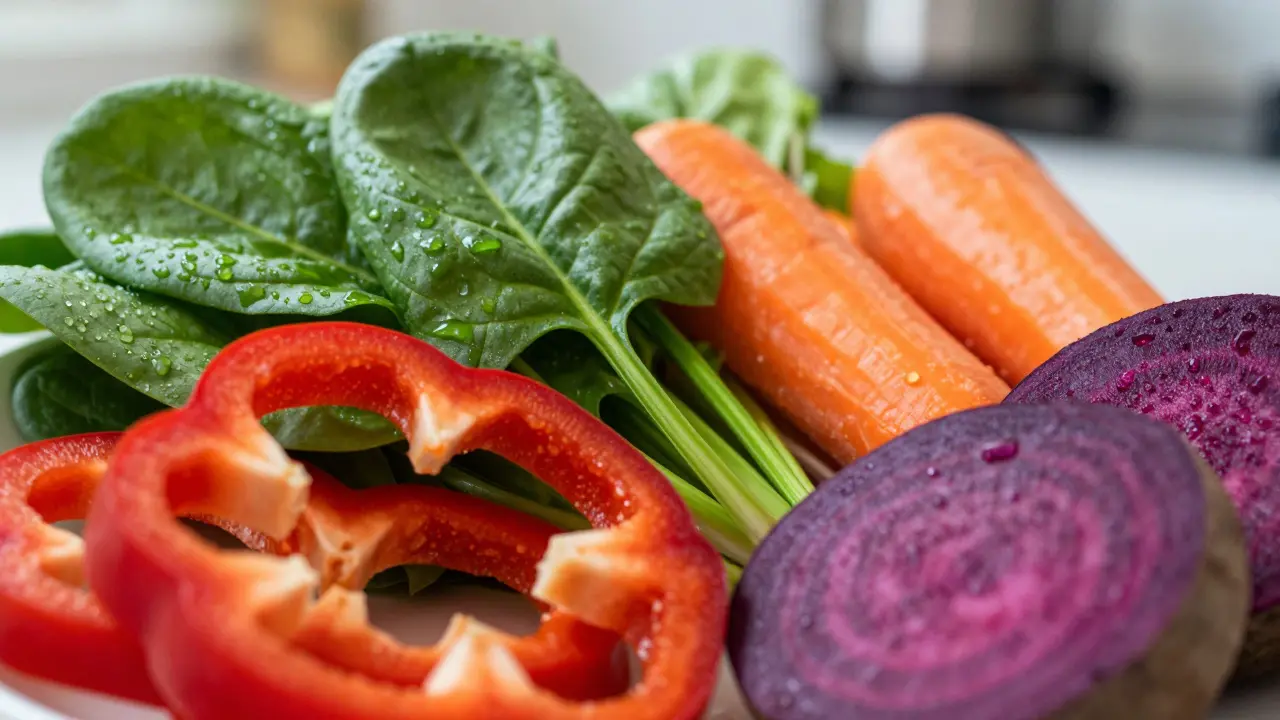 Detailní záběr pestré čerstvé zeleniny zdůrazňující barvy a antioxidanty.