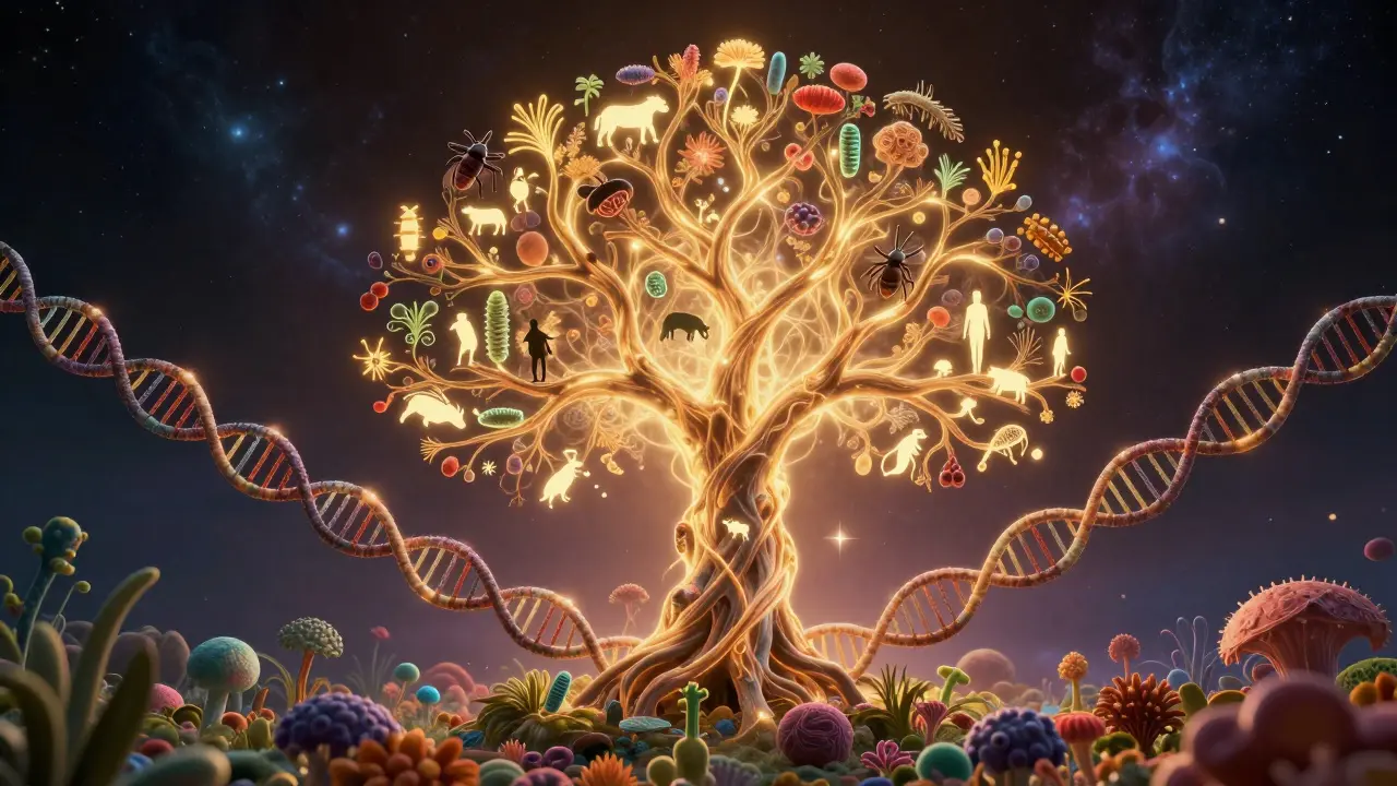 DNA spirála přecházející ve strom života s různými organismy
