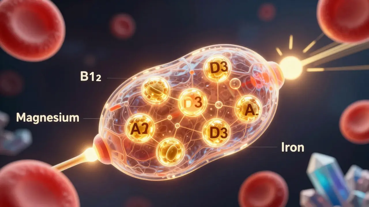 Konceptuální ilustrace vitamínů produkujících energii v buňkách