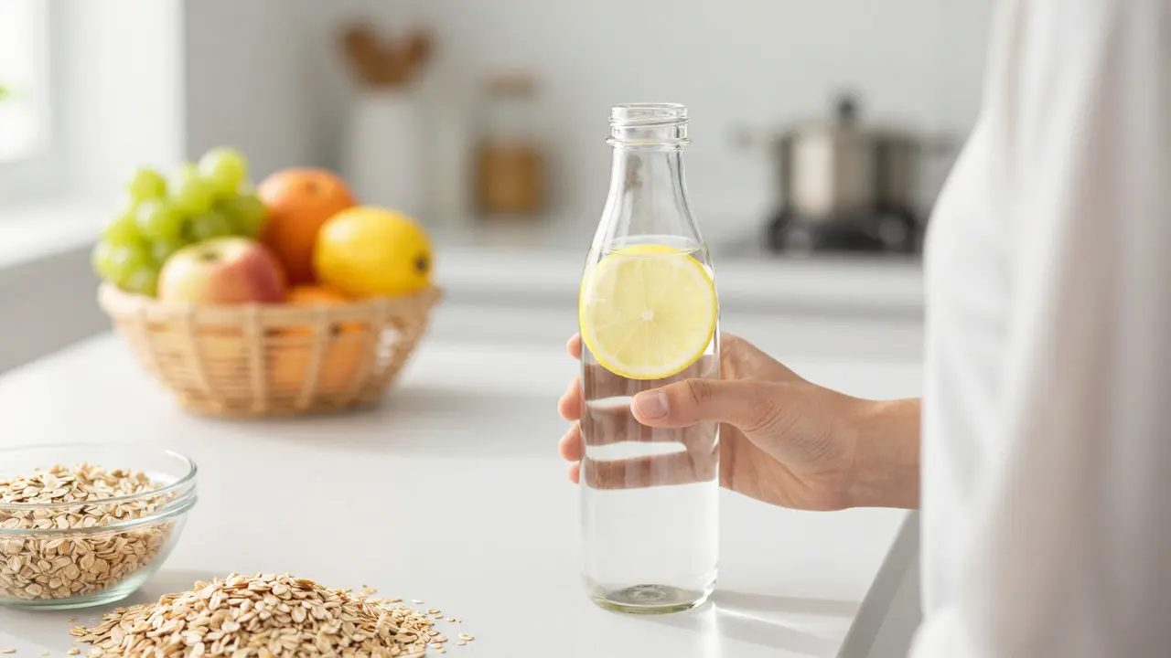 Osoba s lahví vody v kuchyni, symbolizující hydrataci a vitalitu